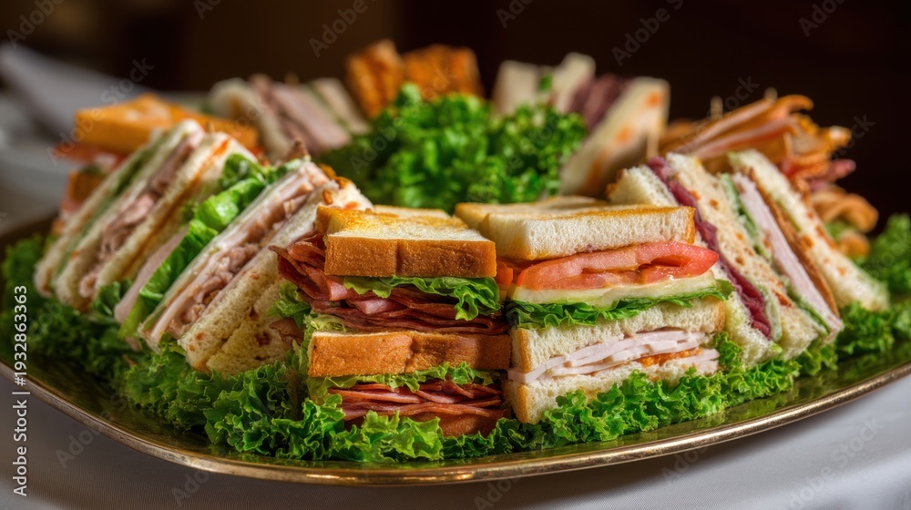 Fototapeta premium Plate of deli sandwiches with meat, tomato, and lettuce. Fresh food for lunch party or casual snack. Culinary meal concept.