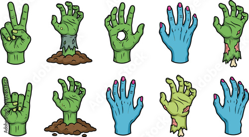 Cartoon zombie hands set with horror gestures peace rock sign and rising undead isolated on white background vector illustration