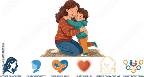 Mother Hugging Child Vector Illustration Set, Loving Family Bond Parenting Concept Illustrator Design with Emotional Care Icons Collection
