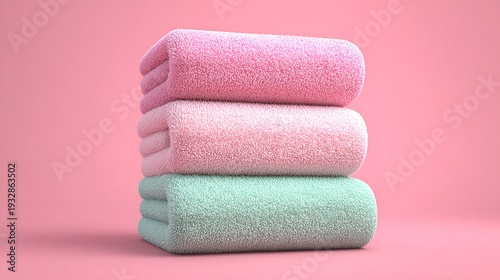 Stack of Pink and Green Towels Image for Spa or Bathroom Decor