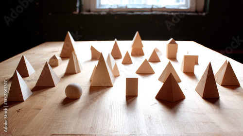 Geometric arrangement of precision-cut balsa wood pieces, showcasing craftsmanship and texture. safety posters.