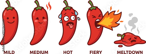 Cute Chili Pepper Heat Level Cartoon Mascot Set