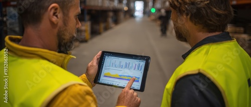 Team in High Visibility Vests Reviewing Data on Tablet in Warehouse Environment