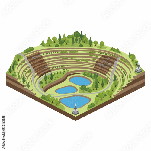 Isometric View of a Reclaimed Mine Site with Lakes and Greenery.