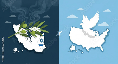 Map of israel and usa contrasting peace and conflict with dove and olive branch symbolism