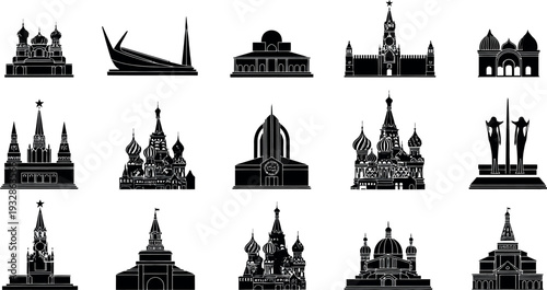 A historic black silhouette illustration of the old Hungarian parliament building and landmark monuments defines the urban skyline and architecture of this European travel destination city