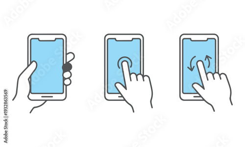 Hand holding smartphone with screen tap and swipe gestures