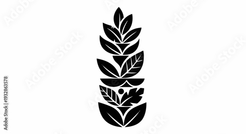 Stylized black silhouette of growing plant with leaves and abstract shapes on white background
