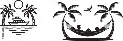 Tropical island scene with hammock and palm trees