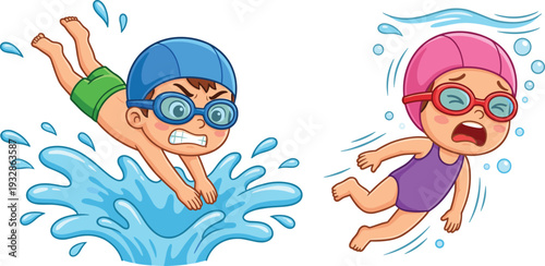 Cute cartoon kids swimming in pool with goggles and caps splashing water summer activity isolated on white background vector illustration set