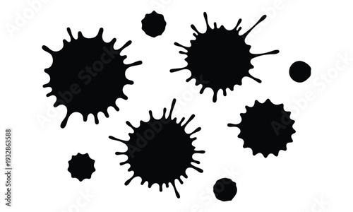 Black Ink Splatters and Paint Splashes on White Background