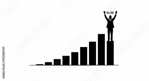 Silhouette of person reaching the top of a rising bar graph, symbolizing success and achievement.