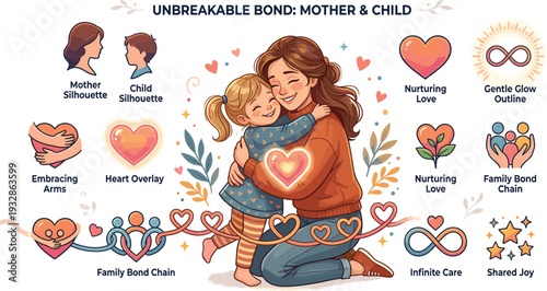 Mother and Child Love Vector Illustration Set, Unbreakable Family Bond Parenting Concept Illustrator Design with Care and Affection Icons