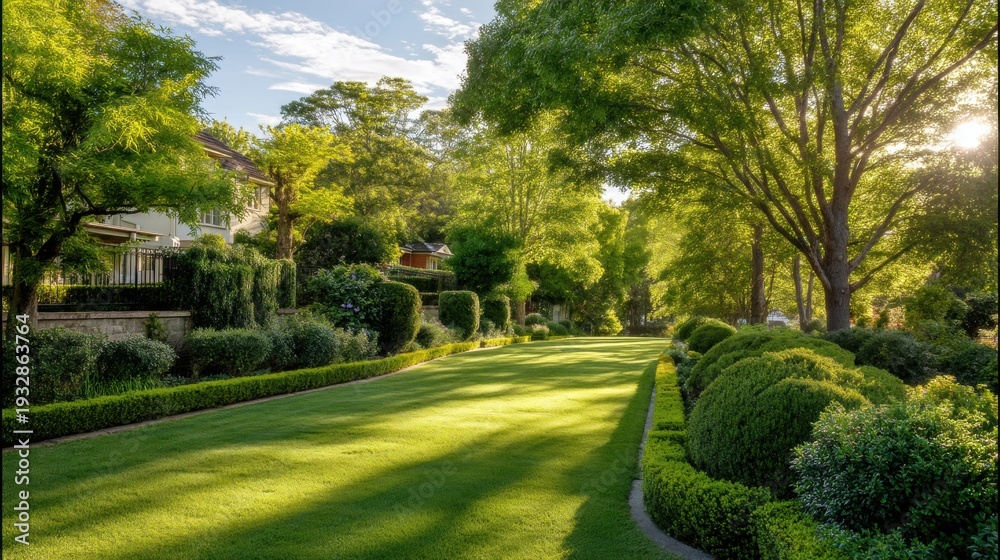 Obraz premium Lush green lawn and manicured garden with various bushes and trees under natural sunlight. Perfect landscape design for outdoor property.