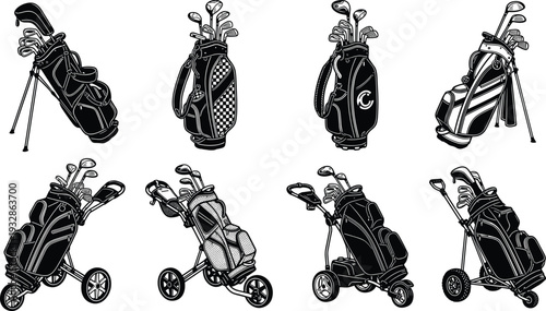 Golf bag collection with clubs and trolley carts isolated on white background detailed black and white vector illustration set