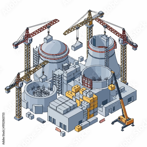 Isometric view of a nuclear power plant under construction with cranes.