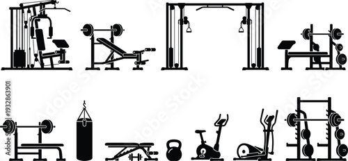 Gym fitness equipment silhouettes set including weight machines benches barbell dumbbell treadmill exercise bike punching bag and squat rack isolated on white background vector collection