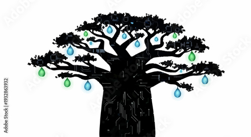 Abstract baobab tree silhouette with glowing water droplets on branches against white background