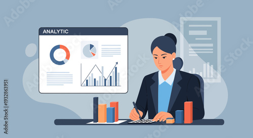 Businesswoman analyzing financial data on a dashboard.