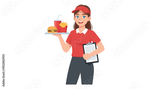 Female Fast Food Worker Holding Meal Tray and Clipboard