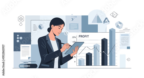 Businesswoman Analyzing Financial Data and Charts on Tablet.