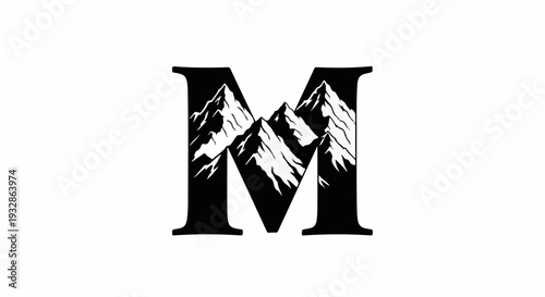 Majestic mountain peaks rise within a bold, stylized letter M, evoking adventure and nature's grandeur.