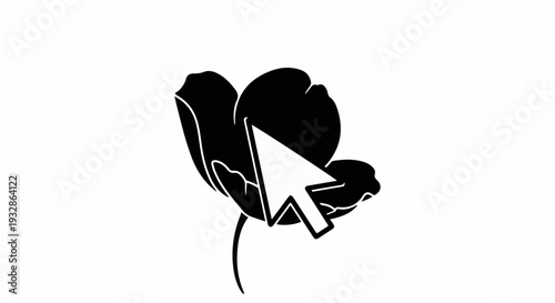Cursor pointer selecting a black flower silhouette on a white background, representing choice or digital interaction with nature.