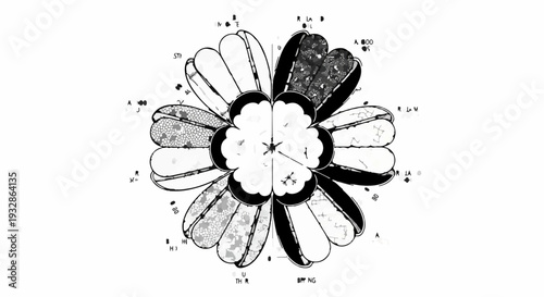 Abstract geometric floral pattern with artistic shading and radial symmetry