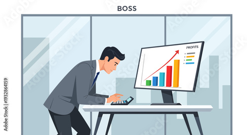 Man in suit analyzing financial growth chart on computer screen.