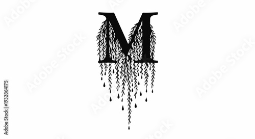 Elegant letter M adorned with weeping willow branches, symbolizing growth and grace