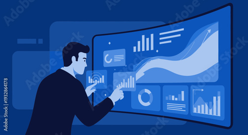 Man Interacting with Futuristic Data Visualization Screen.