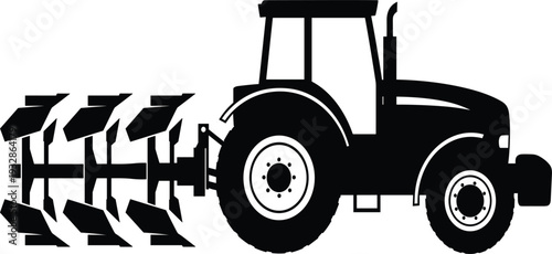 Tractor with plow silhouette vector illustration, black modern farm machinery pulling tillage implement for agriculture farming rural harvest and machinery designs