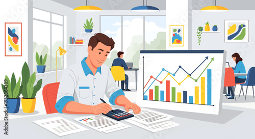 Man working on financial report with calculator and charts.