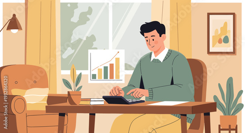 Man working diligently at his desk with a calculator.