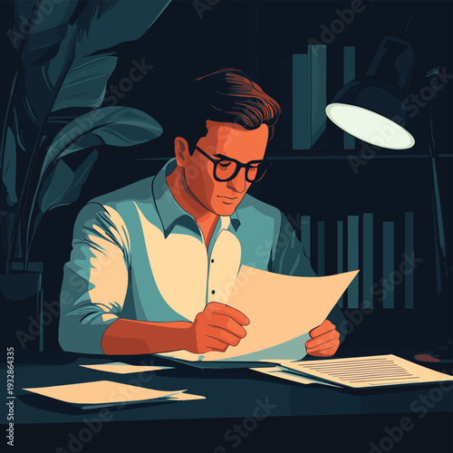 Concentrated businessman deeply immersed in reviewing critical documents at his office desk