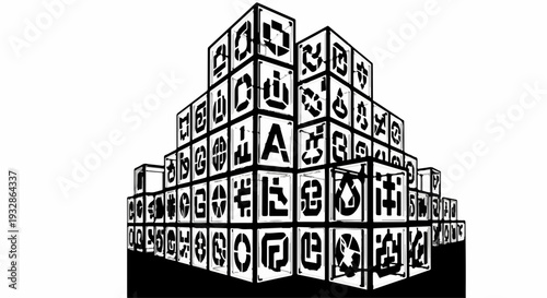 Abstract building constructed from cubes featuring diverse symbols, representing connectivity and information.