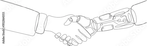 unique Continuous line art of human and robot handshake, future of artificial intelligence and technology