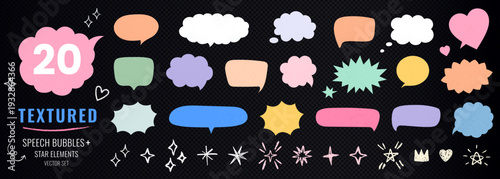 Chat and speech bubbles with textured grain. Set of colorful dialogue shapes isolated on black background. Speech bubbles with doodle stars and hearts
