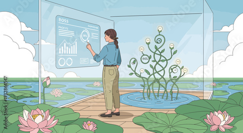 Woman Interacting with Futuristic Digital Display and Plant Growth.