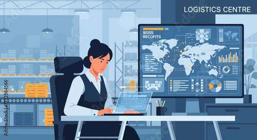 Woman working in logistics control center analyzing data.