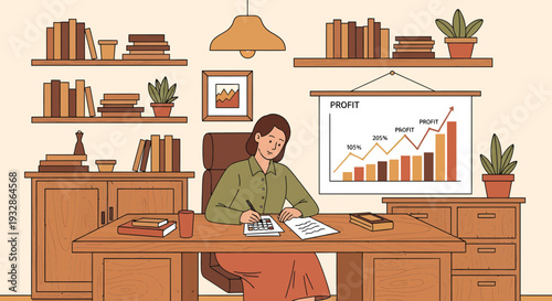 Woman working diligently at her desk in a home office environment.