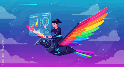 Woman Riding A Futuristic Bird With Rainbow Wings.