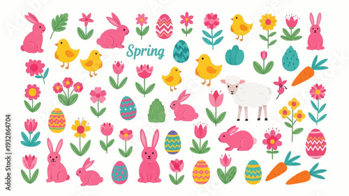 Big set of Easter elements featuring pink bunnies chicks decorated eggs and spring flowers in cute flat vector style for holiday decoration