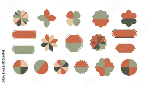 Geometric retro vector badge set in earthy colors featuring abstract floral shapes and labels for branding design