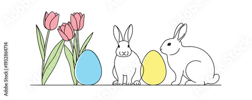 Easter bunnies and colorful eggs with pink tulips in minimalist line art style symbolizing spring holiday celebration