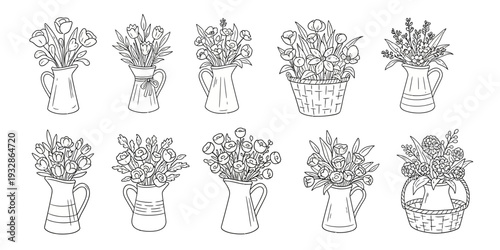 Hand drawn floral bouquet vector set in rustic vases and baskets with black outline style symbolizing spring gardening and nature decoration