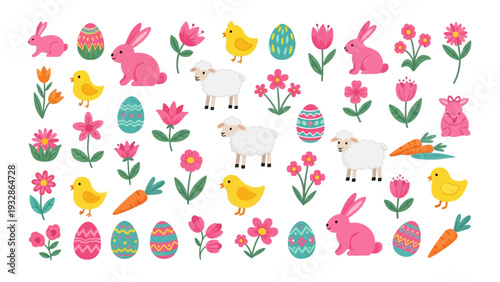 Cute Easter element set with pink bunnies chicks and lambs arranged with colorful eggs and flowers in flat vector style for spring holiday