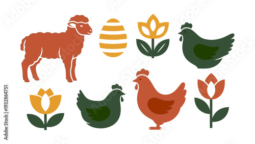 Flat vector Easter farm animal set with sheep chickens egg and tulips in retro earthy colors symbolizing spring season and holiday celebration