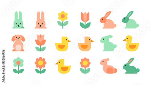 Set of flat design pastel color Easter icons featuring cute bunnies ducks and spring flowers isolated on white background for holiday design