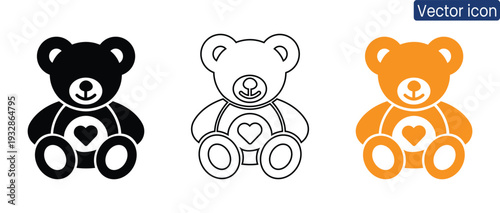Cute teddy bear icons in black, white, and orange styles